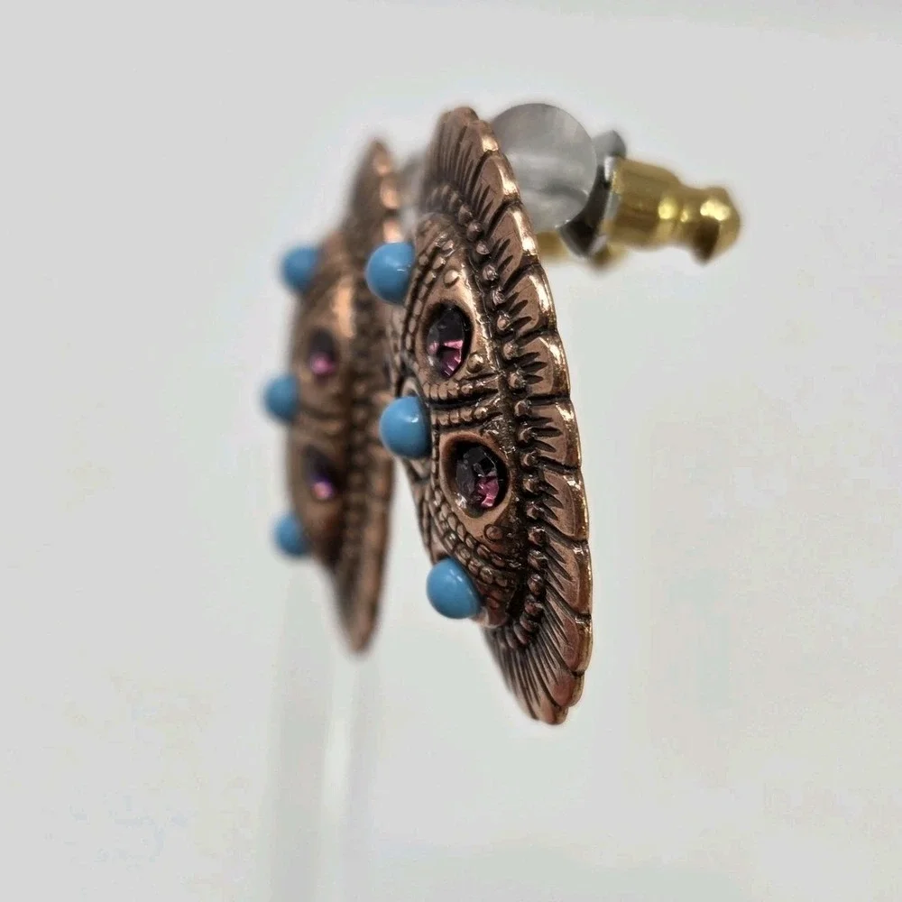 Southwestern Style Copper Turquoise‎ Amethyst Oval Stud Earrings 1